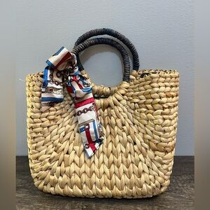 Woven Straw Tote Bag with Scarf Accent